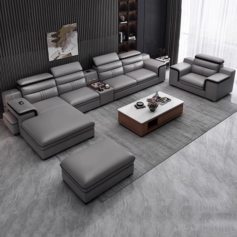 Home Cinema Room Accessories - アパートモダンソファリビングルーム高級レザーストレートソファ快適なシネマカデイラスパラサラデエスターホームアクセサリー