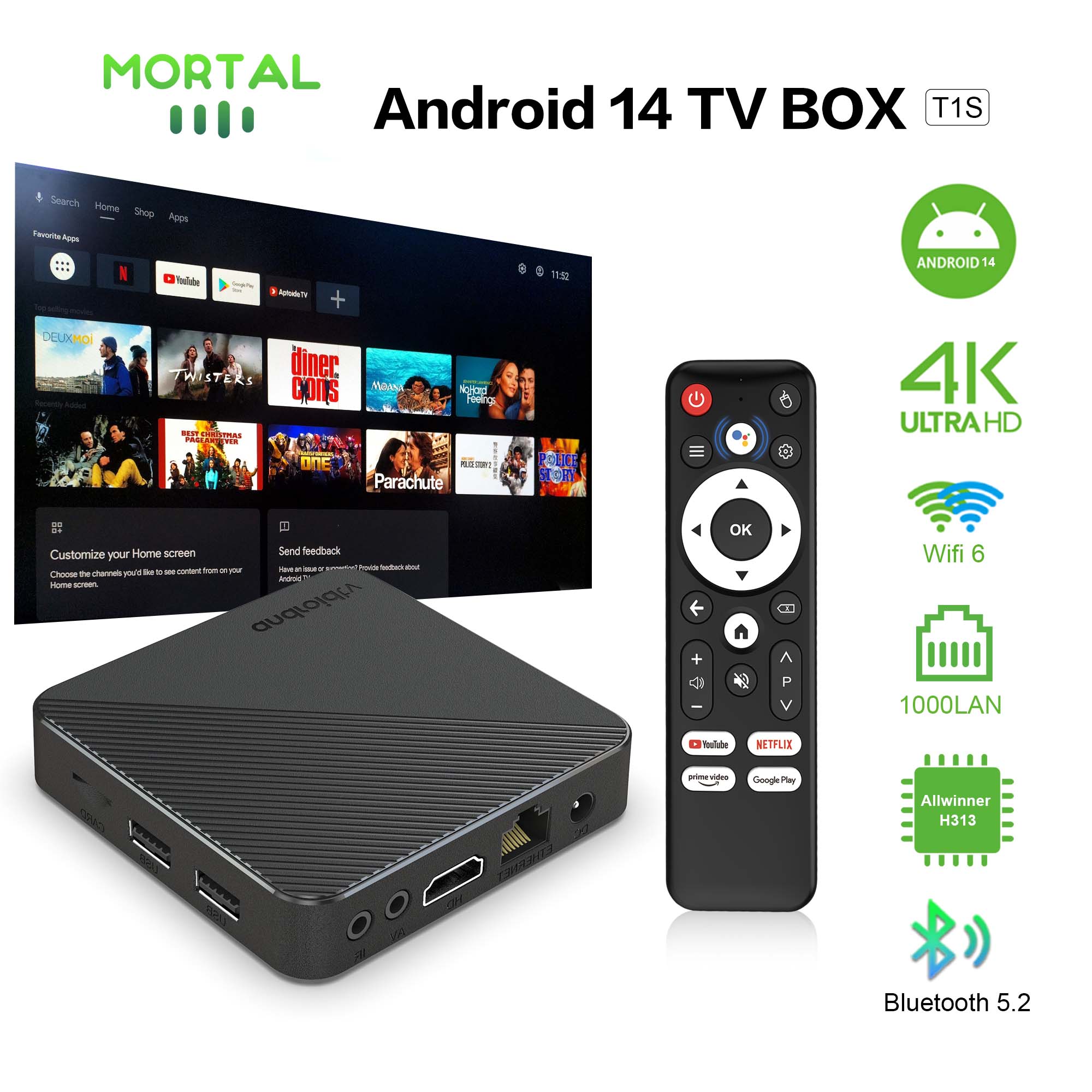 Home Cinema Media Player - Android14 スマートホームシアター TV ボックス T1S AllwinnerH313